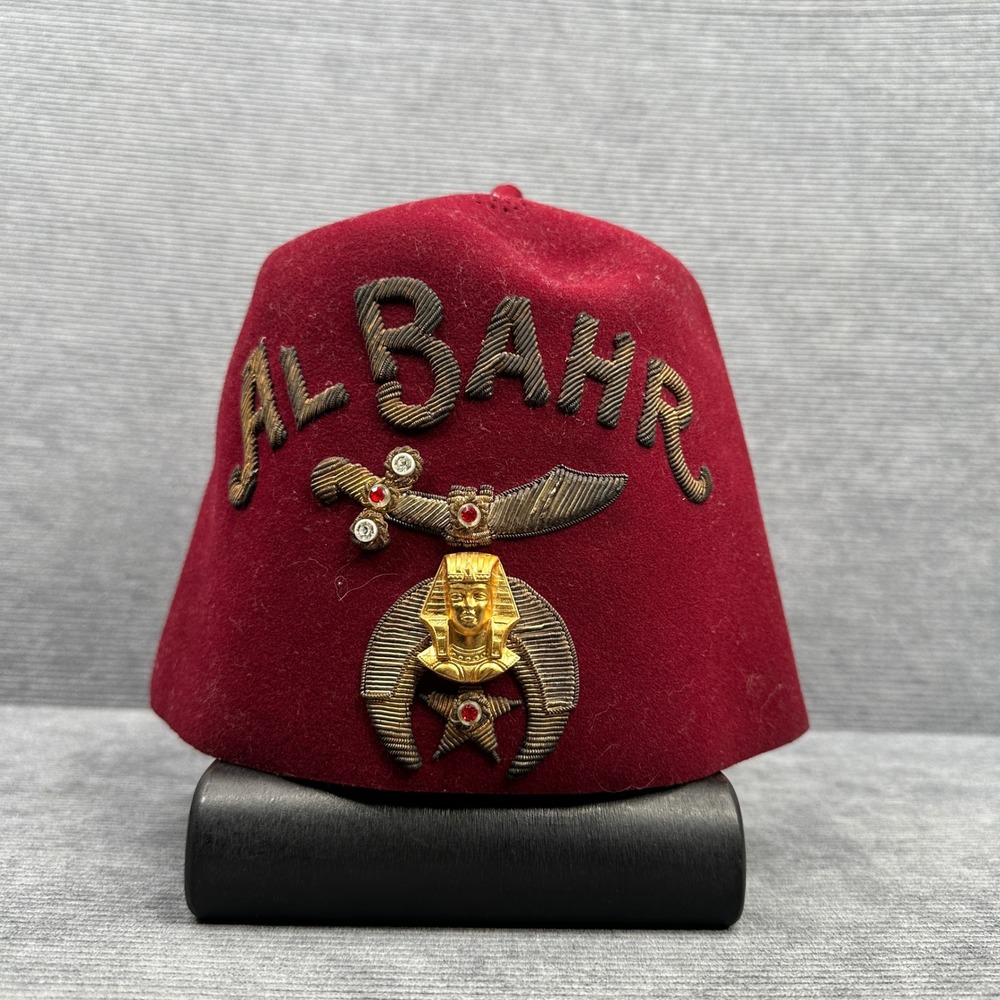 Vintage Al Bahr Shriners Fez‎ Hat Burgundy Wool Bullion Tassel Rhinestone 7 3/8